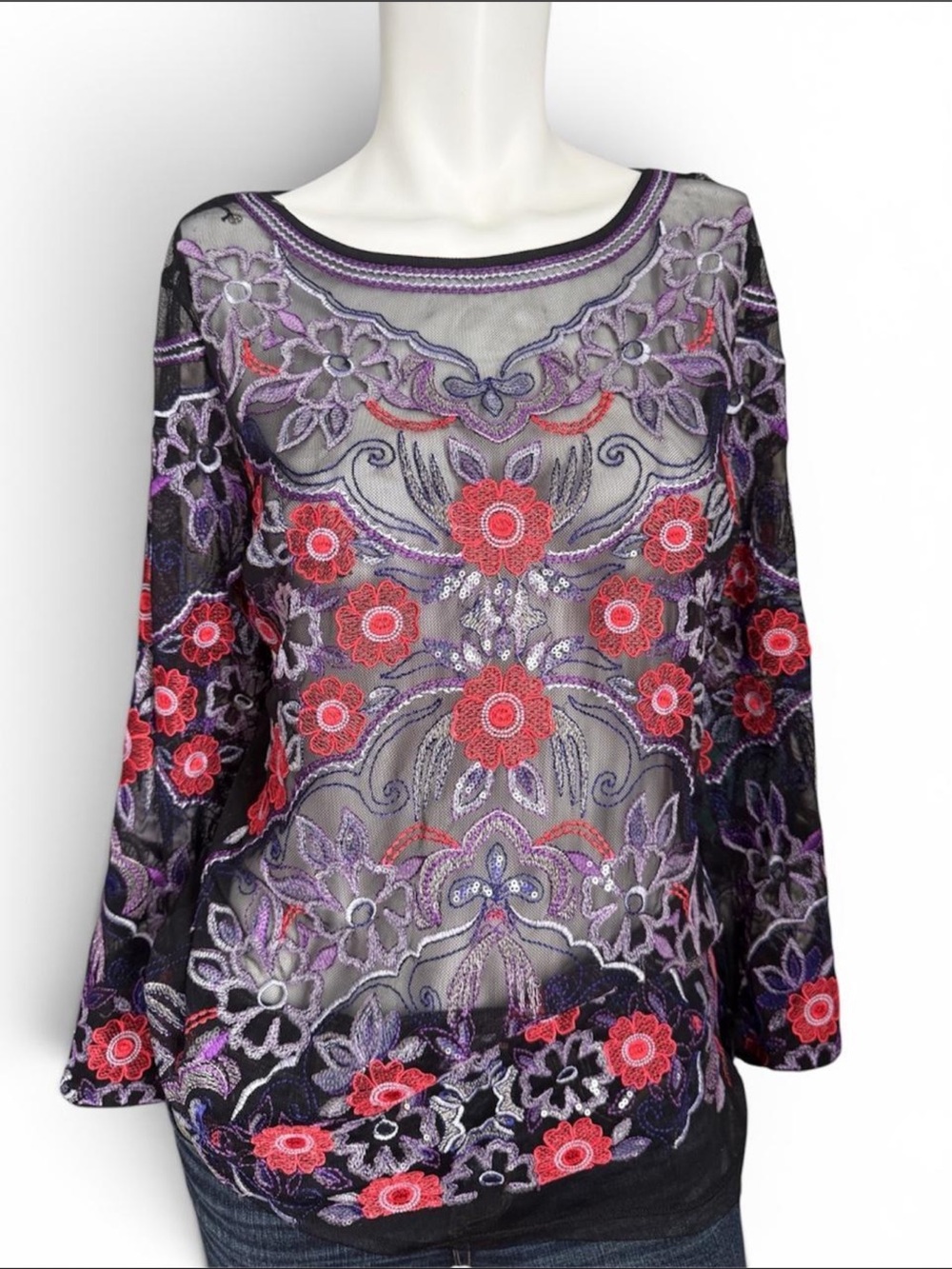 NWT International Concepts Embroidered Mesh‎ Floral Top Size M